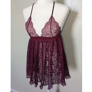Victoria's Secret Burgundy Lace Babydoll Lingerie Medium Sheer Nightie Sleepwear